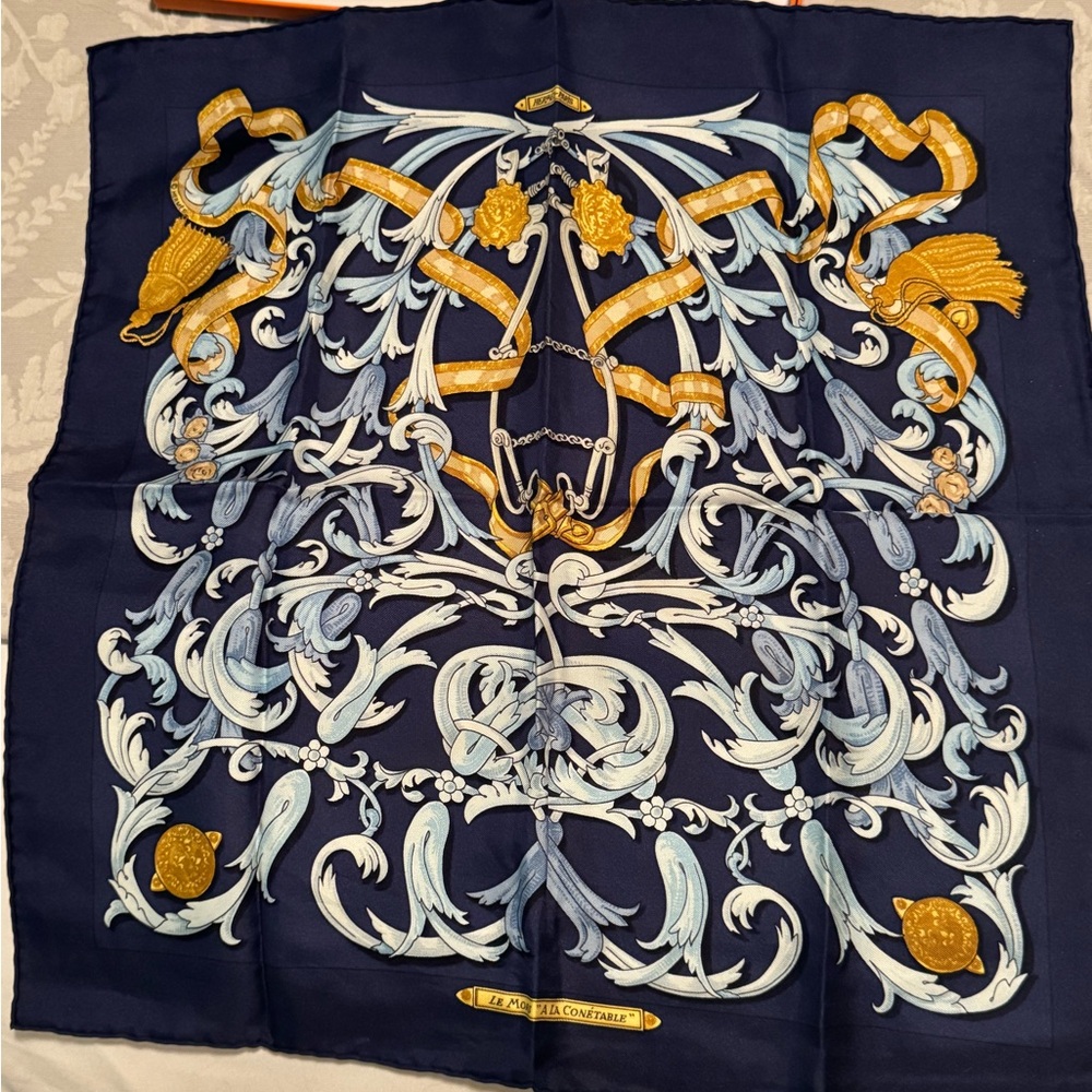 Hermes Elegant Navy and Gold Silk Scarf